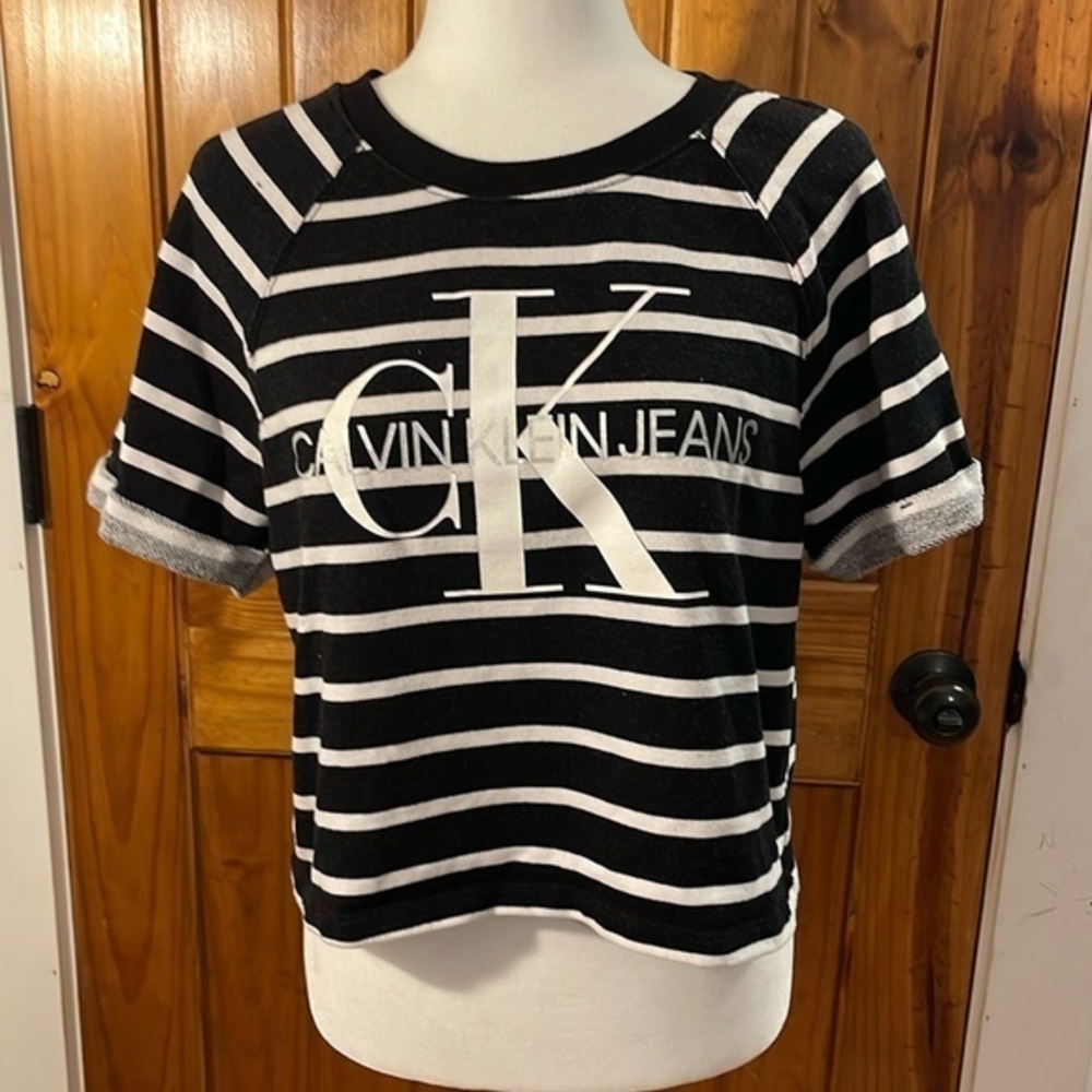 Calvin Klein Striped Cropped Short Sleeve Sweatshirt Top Medium Black White